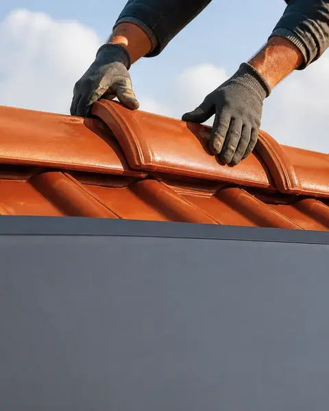 Dachdeckerhände richten einen Tondachziegel am First aus, heller Himmel im Rücken