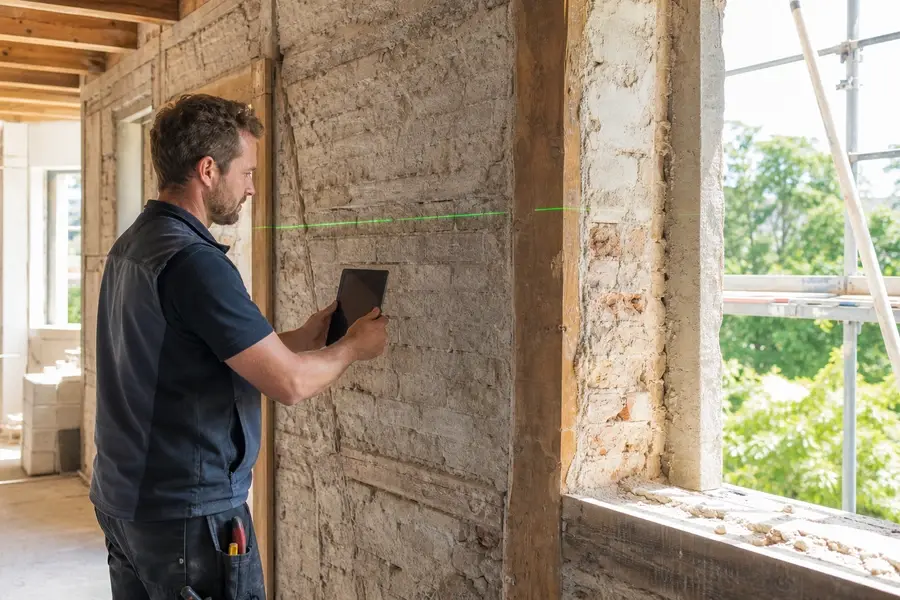 Handwerker dokumentiert eine freigelegte Wand mit dem Tablet, grüne Laserlinie über dem Mauerwerk, Tageslicht aus der Fensteröffnung