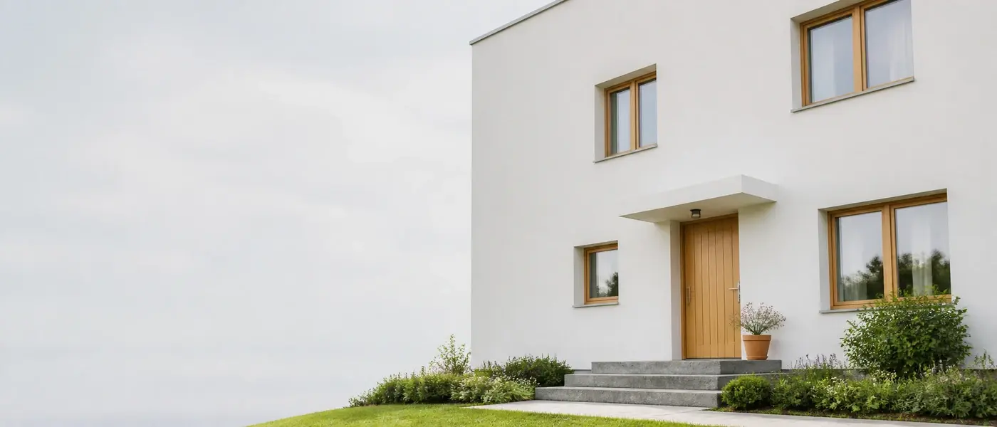 Vollständig modernisiertes Haus von 1968 bei hellem Tageslicht: frischer weißer Putz, neue Holzfenster, gepflegter Garten
