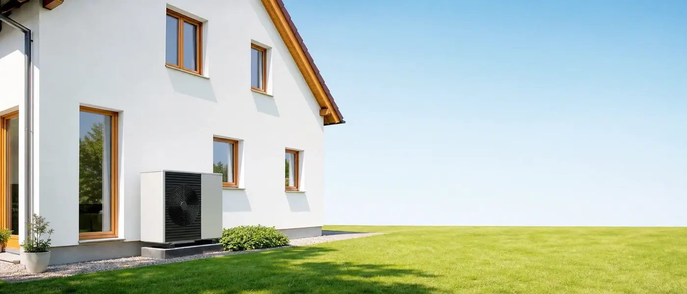 Energetisch saniertes Haus im Mittagslicht mit frisch gedämmter heller Fassade und Wärmepumpe an der Hausseite