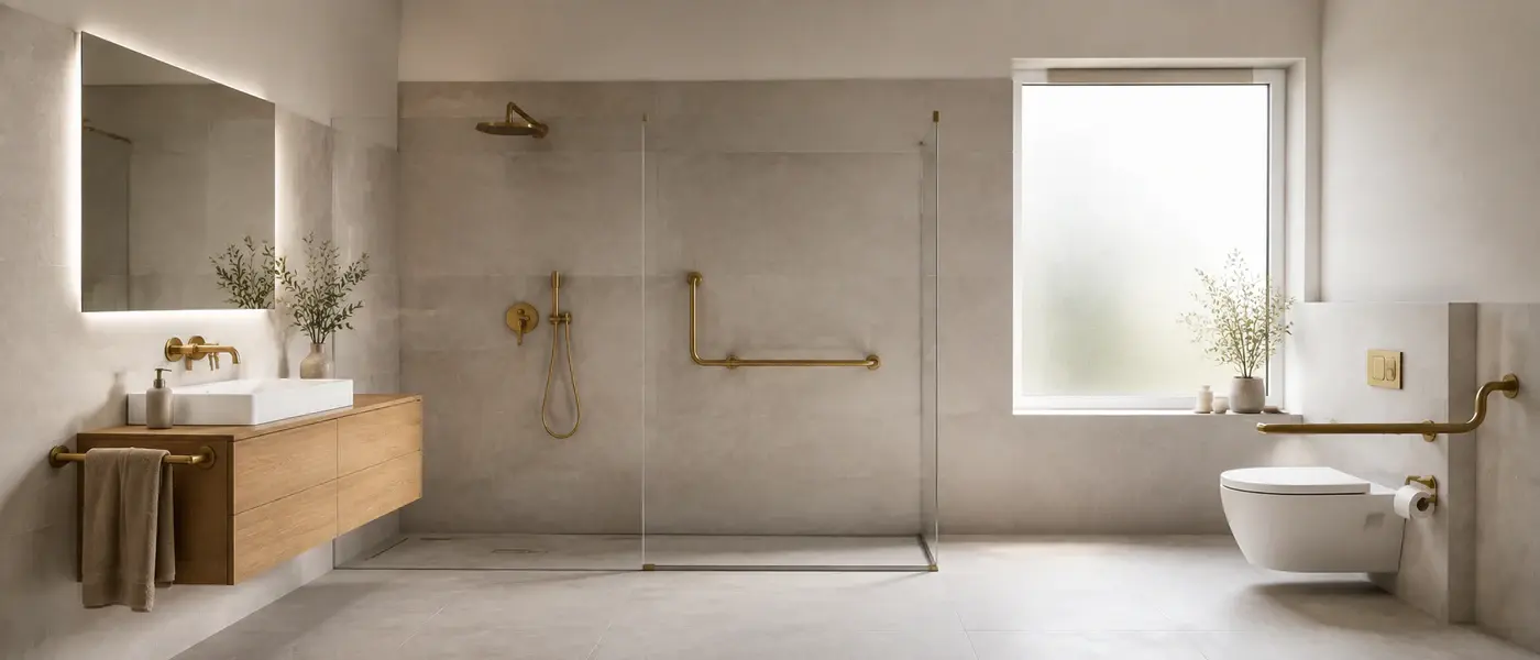 Vollständig modernisiertes barrierearmes Bad im Tageslicht mit bodengleicher Dusche, Waschtisch, Haltegriffen, wandhängendem WC und mattiertem Fenster