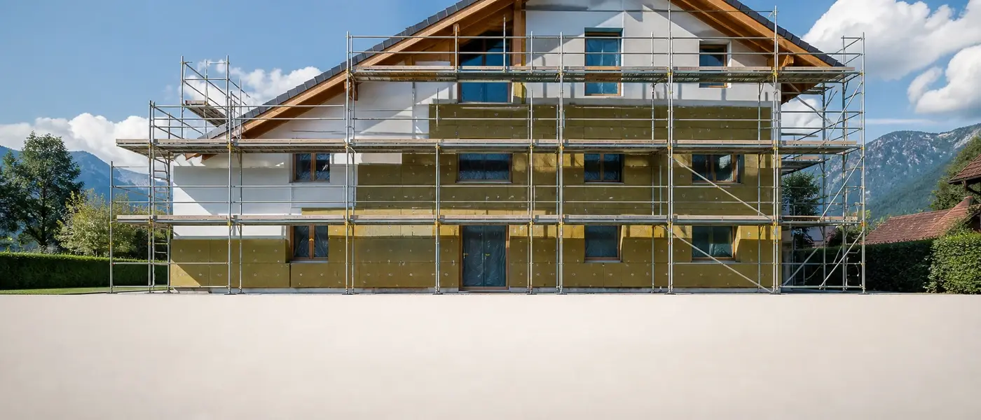 Eingerüstetes Haus unter hellem Mittagshimmel, Dämmplatten im präzisen Raster halb aufgebracht, davor ebener heller Vorplatz