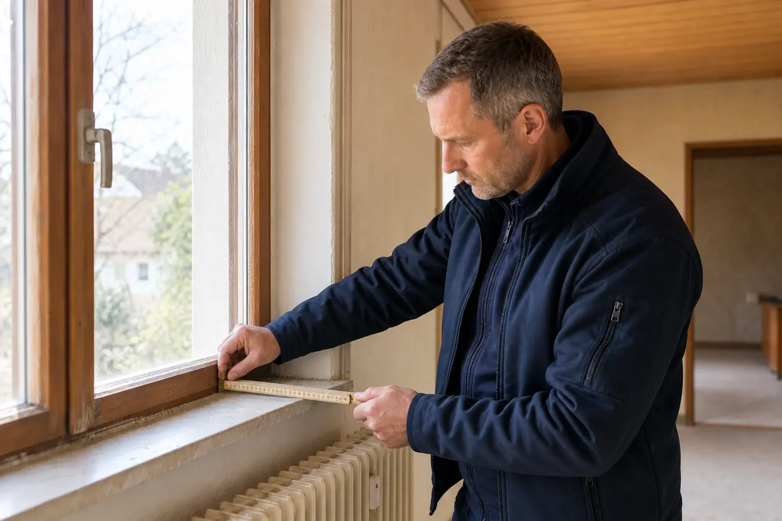 Bausachverständiger misst mit einem Zollstock die Tiefe einer alten Fensterlaibung, helles Tageslicht auf Holzrahmen und Fensterbank